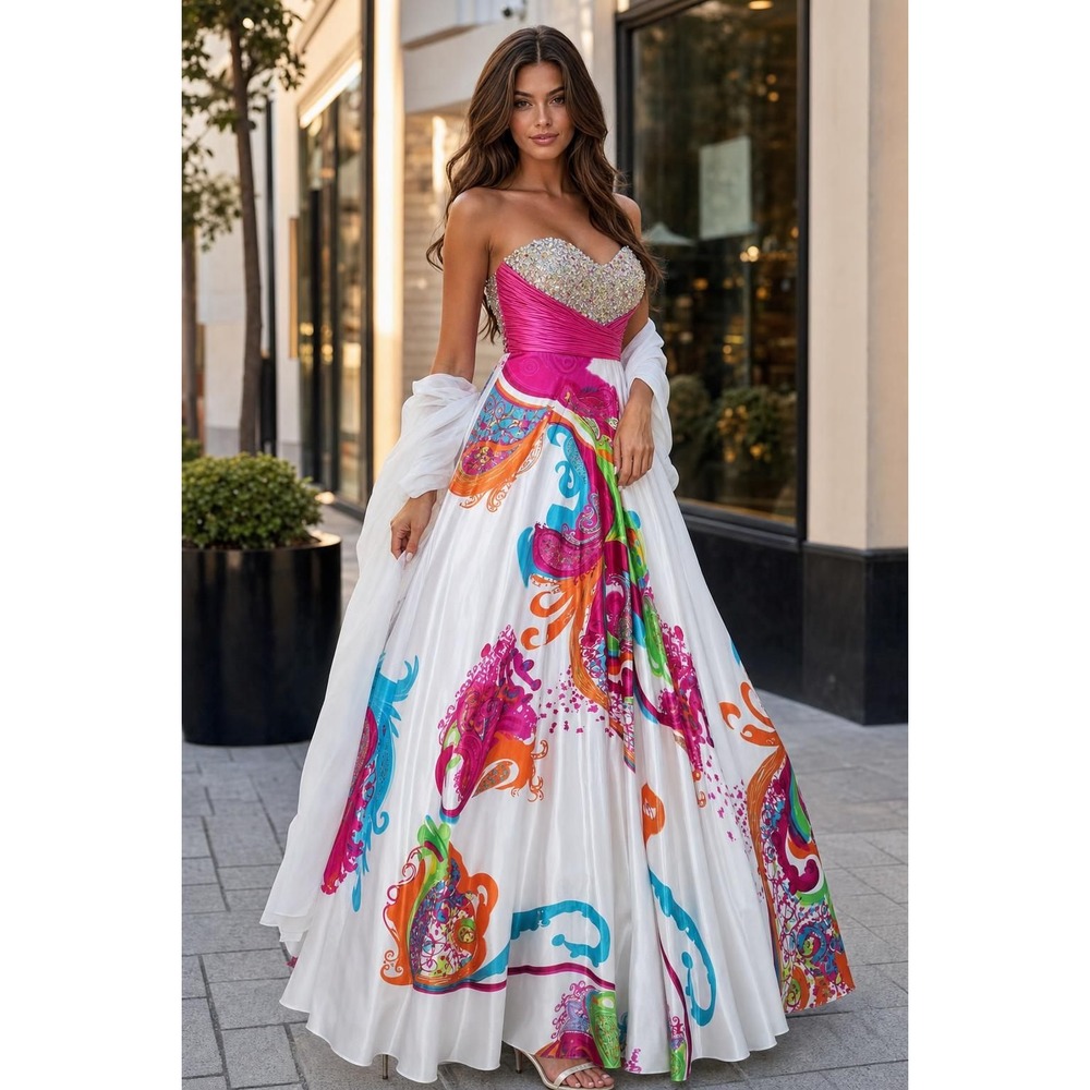 Jovani Maxi Dress Women's 2 White Pink Beaded Rhinestone Formal Prom Gown Y2K - Picture 1 of 16